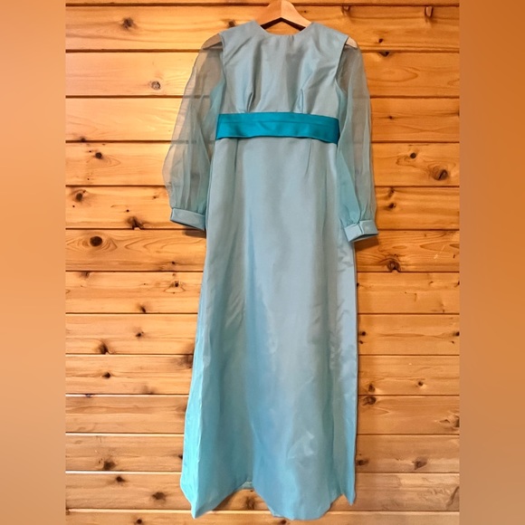 Vintage 1960s light blue & turquoise cocktail prom maxi dress w/ empire waist - Picture 1 of 8